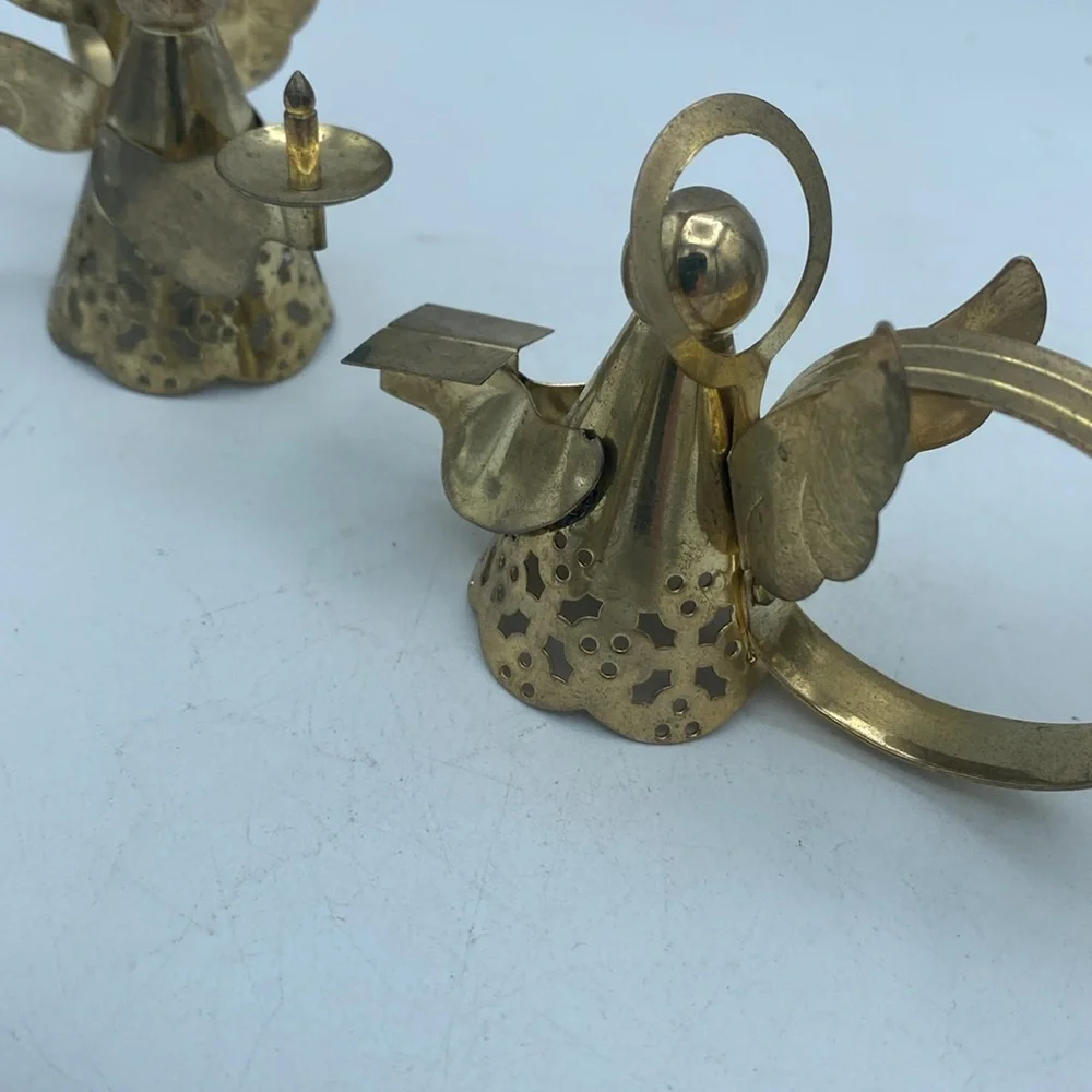 VTG set of 4 brass metal Angel w/ musical instruments napkin rings holders